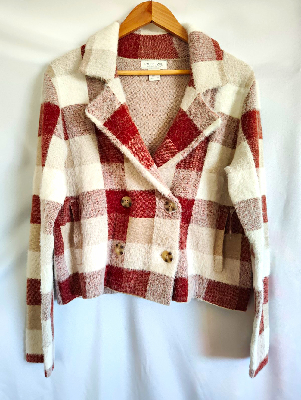 Rachel Zoe Ivory Brown Plaid Knit Collared Button Front Cardigan Sweater L